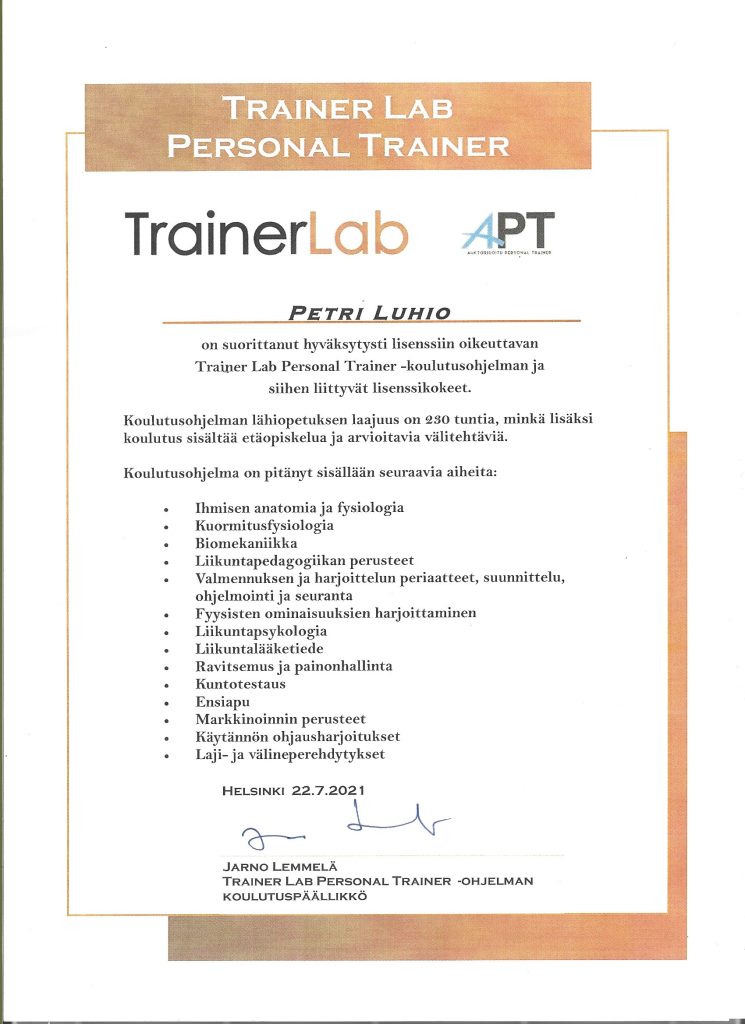 PLuS Nutrition Registered Dietitian Petri Luhio. Sports Nutrition Expert. Professional Online services. Personal trainer diploma